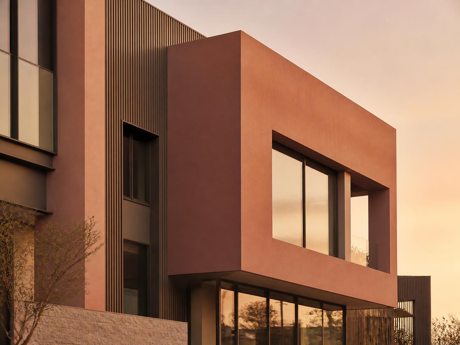 Modern commercial building facade at golden hour